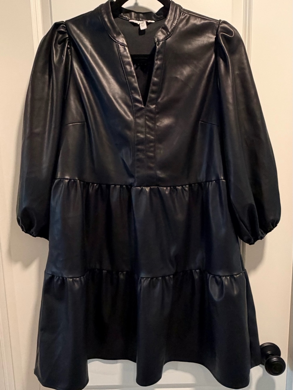 crown & ivy Women’s Black Vegan Leather Tiered Mini Dress Size MP